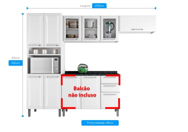 Encontraproduto.com.br - Cozinha Branca em Aço 3 Peças Tarsila com 3 Vidros com entrada para Forno