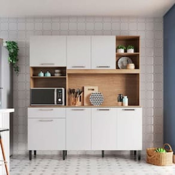 Encontraproduto.com.br - Cozinha Compacta em Madeira 7 Portas 1 Gaveta Branco c/Castanho Madri