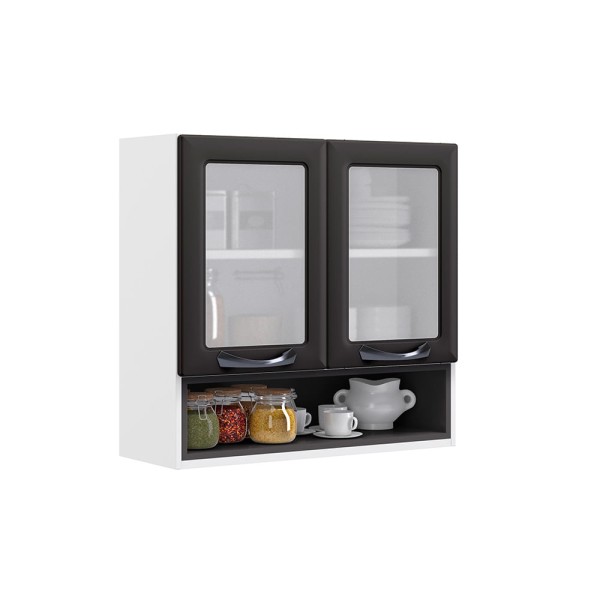 Encontraproduto.com.br - Armário Aéreo de Cozinha Grafite 2 Portas com Vidro e Nicho New Premium