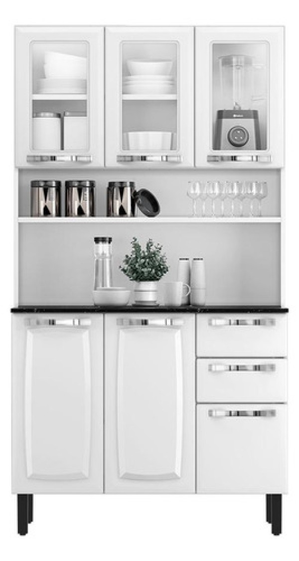 Encontraproduto.com.br - Kit de Cozinha Compacta Branco em Aço 6 Portas 3 Vidros 2 Gavetas Pratika