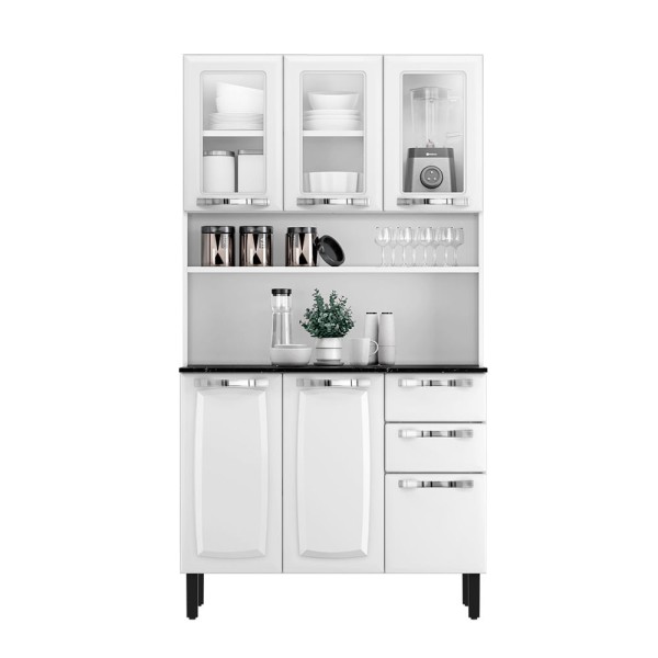 Encontraproduto.com.br - Kit de Cozinha Compacta Branco em Aço 6 Portas 3 Vidros 2 Gavetas Pratika
