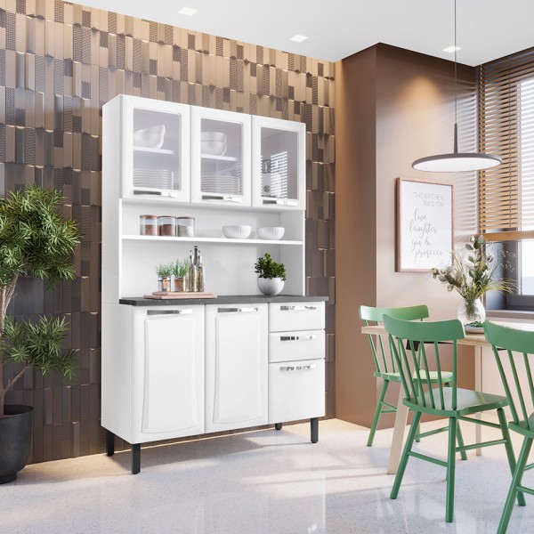 Kit de Cozinha Compacta Branco 120 em Aço 6 Portas 3 Vidros 2 Gavetas Pratika