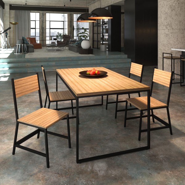 Mesa De Jantar Industrial Metal e Madeira| Tam: 120x90cm | Cor: Lâmina Com Cadeira Lâmina| Mod: Tolix + Hera