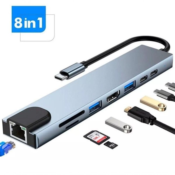 Encontraproduto.com.br - Adaptador Hub Type C 8x1 Hdmi 4k, Lan, Usb 3.0, Leitor Sd Para Macbook