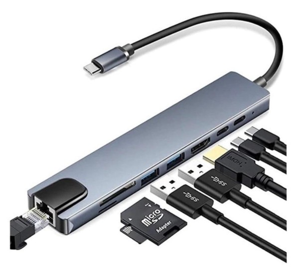 Encontraproduto.com.br - Adaptador Hub Type C 8x1 Hdmi 4k, Lan, Usb 3.0, Leitor Sd Para Macbook