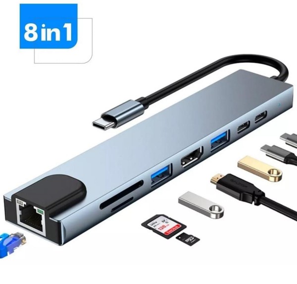 Encontraproduto.com.br - Adaptador Hub Type C 8x1 Hdmi 4k, Lan, Usb 3.0, Leitor Sd Para Macbook