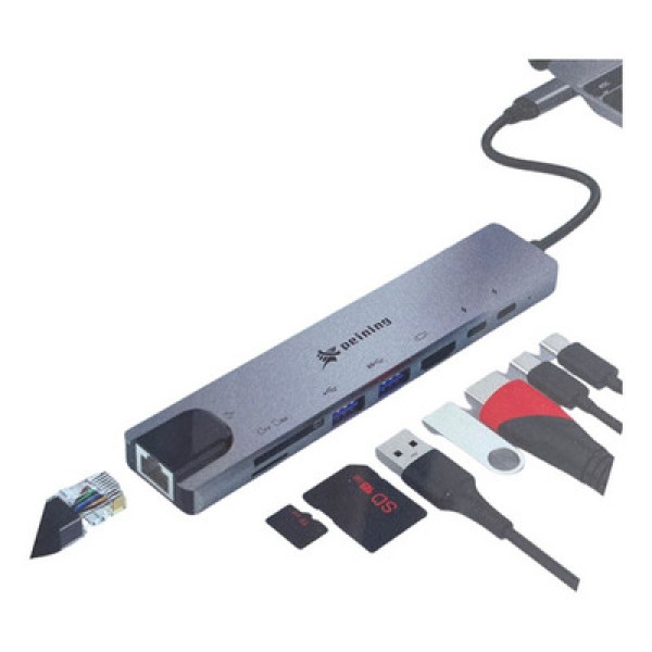 Encontraproduto.com.br - Adaptador Hub Type C 8x1 Hdmi 4k, Lan, Usb 3.0, Leitor Sd Para Macbook