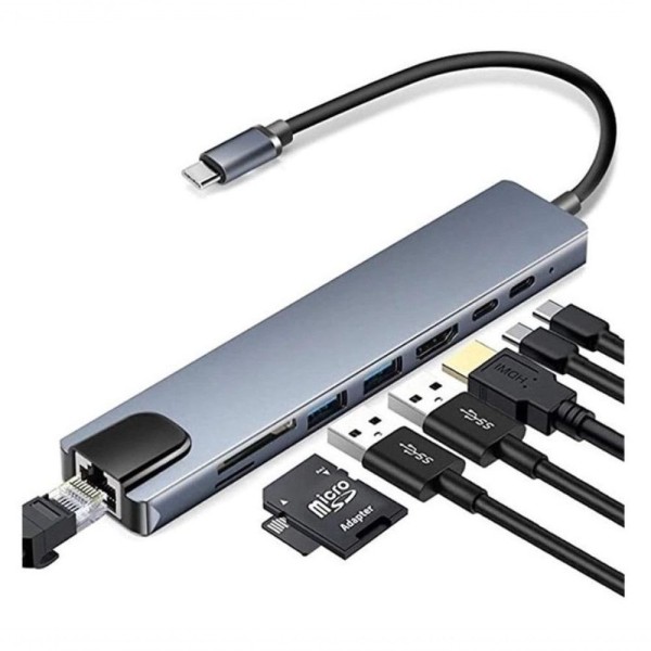 Encontraproduto.com.br - Adaptador Hub Type C 8x1 Hdmi 4k, Lan, Usb 3.0, Leitor Sd Para Macbook