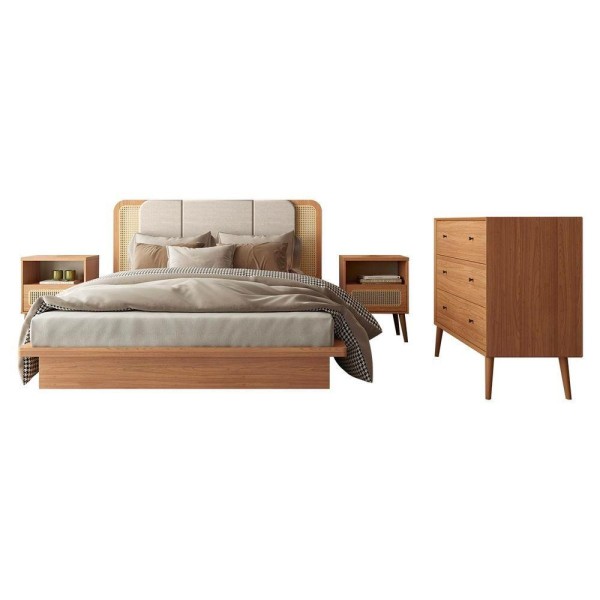 Conjunto Para Quarto Cama Casal Com Cabeceira E 2 Mesas De Cabeceira Mdf Freijó Dalla Costa