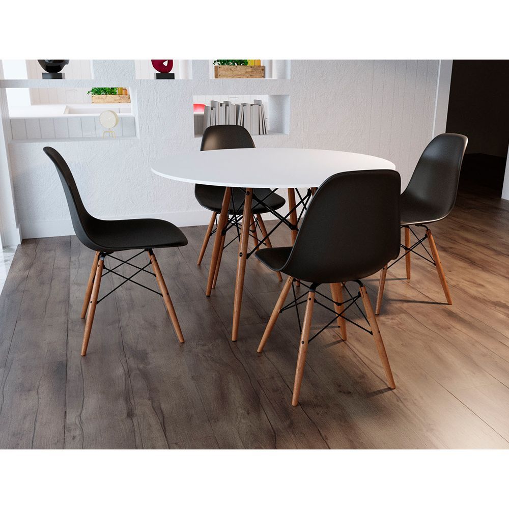 Encontraproduto.com.br - Mesa De Jantar Com 4 Cadeiras Pretas Eames Eiffel 90cm Tampo Branco Base Madeira - Up Home