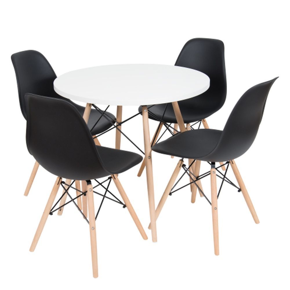 Encontraproduto.com.br - Mesa De Jantar Com 4 Cadeiras Pretas Eames Eiffel 90cm Tampo Branco Base Madeira - Up Home