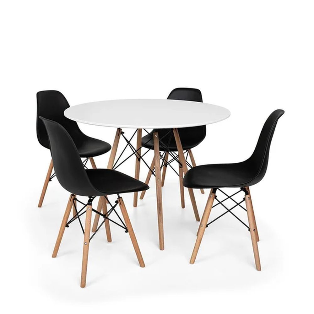 Encontraproduto.com.br - Mesa De Jantar Com 4 Cadeiras Pretas Eames Eiffel 90cm Tampo Branco Base Madeira - Up Home