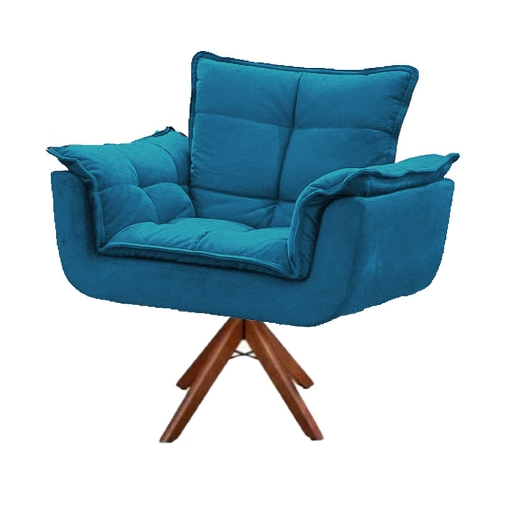 Poltrona decorativa Opala azul turquesa base giratória de madeira
