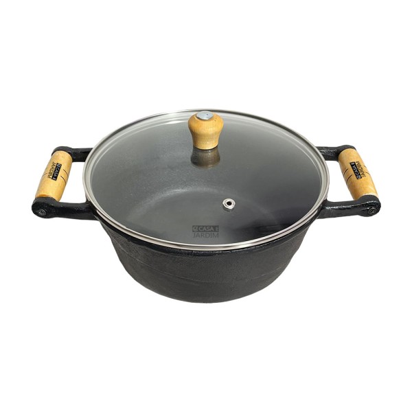 Encontraproduto.com.br - Panela Caçarola De Ferro Alça de Madeira C/ Tampa Vidro 22cm