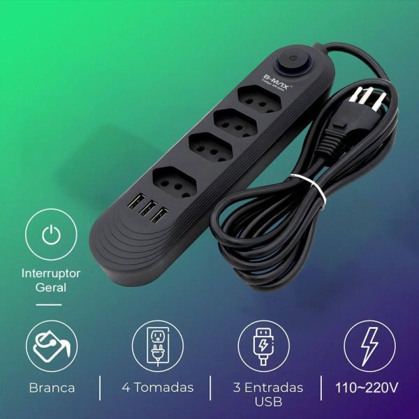 Encontraproduto.com.br - Extensão De Tomada Filtro De Linha 4 Tomadas + 3 Usb 2m Bmax
