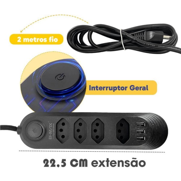 Encontraproduto.com.br - Extensão De Tomada Filtro De Linha 4 Tomadas + 3 Usb 2m Bmax