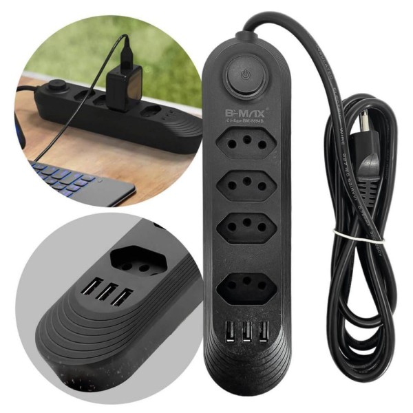 Encontraproduto.com.br - Extensão De Tomada Filtro De Linha 4 Tomadas + 3 Usb 2m Bmax