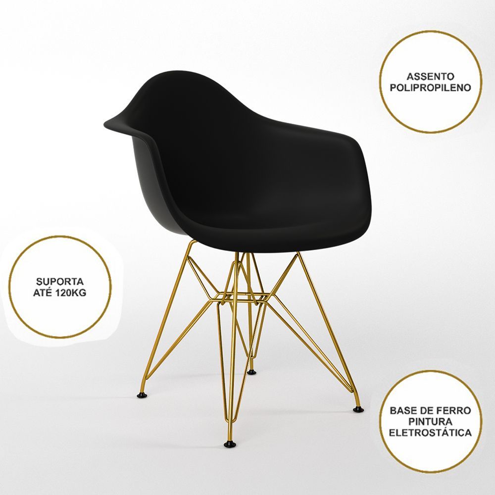 Encontraproduto.com.br - Mesa Jantar Redonda 110Cm Amêndoa Clips 3 Pés Com 5 Poltronas Pretas Base Dourada Marrom