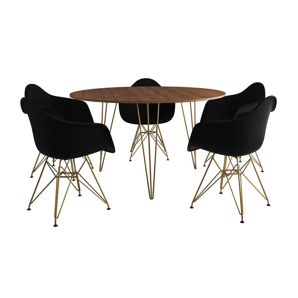 Encontraproduto.com.br - Mesa Jantar Redonda 110Cm Amêndoa Clips 3 Pés Com 5 Poltronas Pretas Base Dourada Marrom