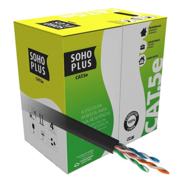 Encontraproduto.com.br - Cabo LAN U/UTP CAT.5E 24AWG 4 Pares CMX USO Interno e Externo 305M Preto 100% Cobre