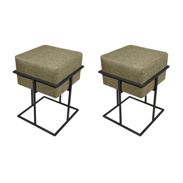 Kit 2 Puffs Decorativos Quadrado Base De Ferro Preta Tecido Linho Bege