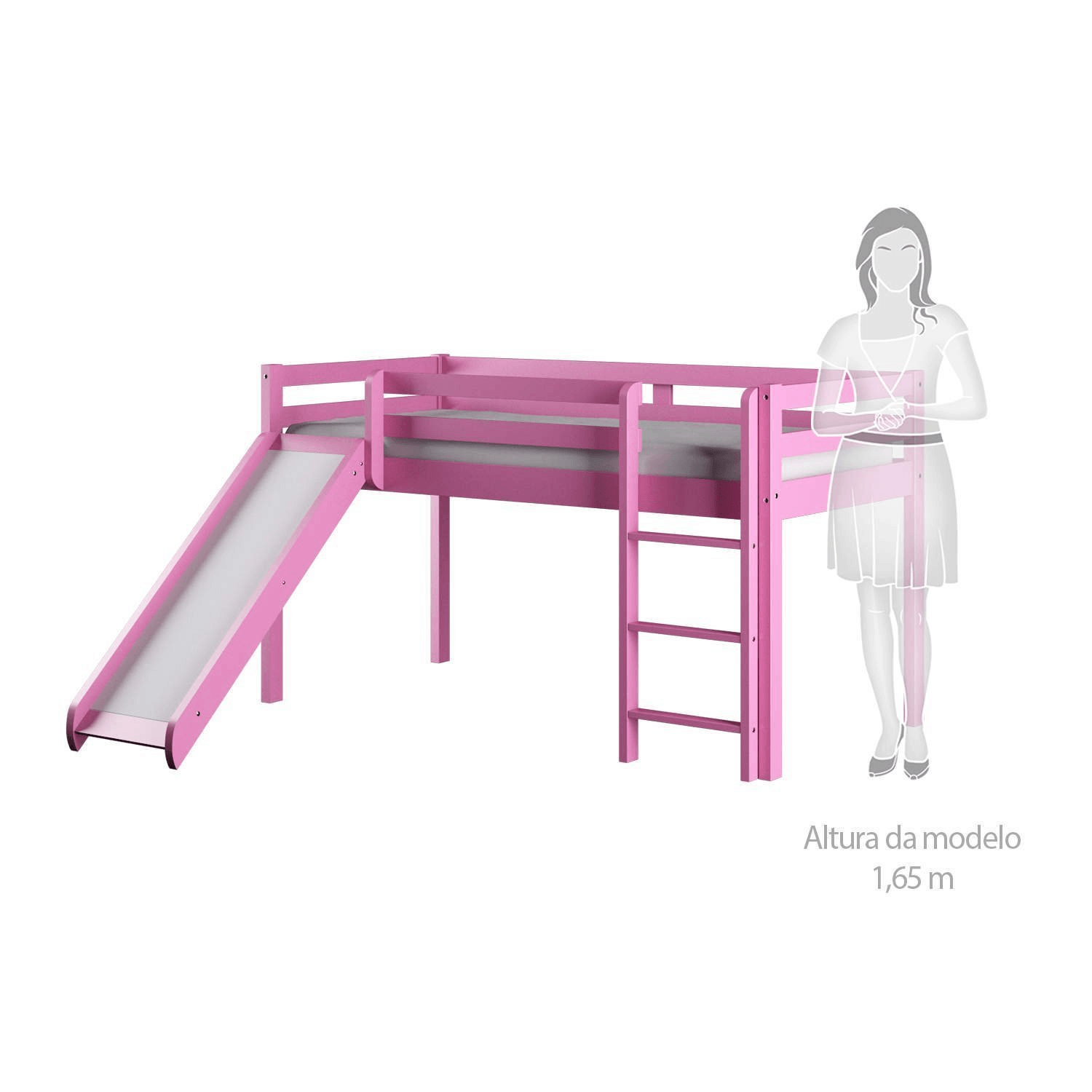Cama Alta Kids com Escorregador em Madeira Maciça/MDF Rosa