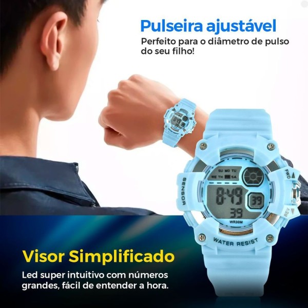 Encontraproduto.com.br - Relogio Infantil Digital Menino Silicone Criança + Caixa Criança Data Azul Bebe Silicone Ajustavel