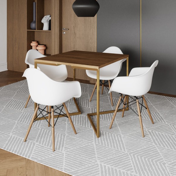 Mesa Jantar Industrial Quadrada 90Cm Preta Base V Dourada Com 4 Poltronas Daw Madeira P Marrom