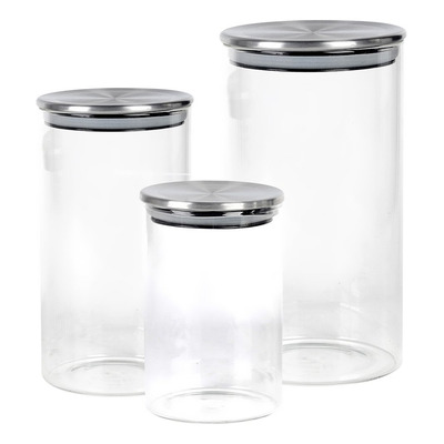 Encontraproduto.com.br - Kit Pote de  Vidro com Tampa Inox Redondo 3 Peças