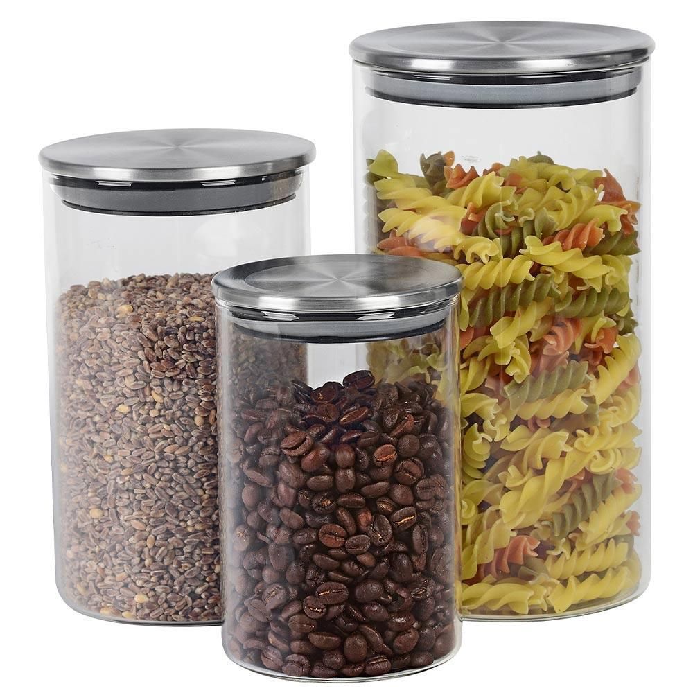 Encontraproduto.com.br - Kit Pote de  Vidro com Tampa Inox Redondo 3 Peças