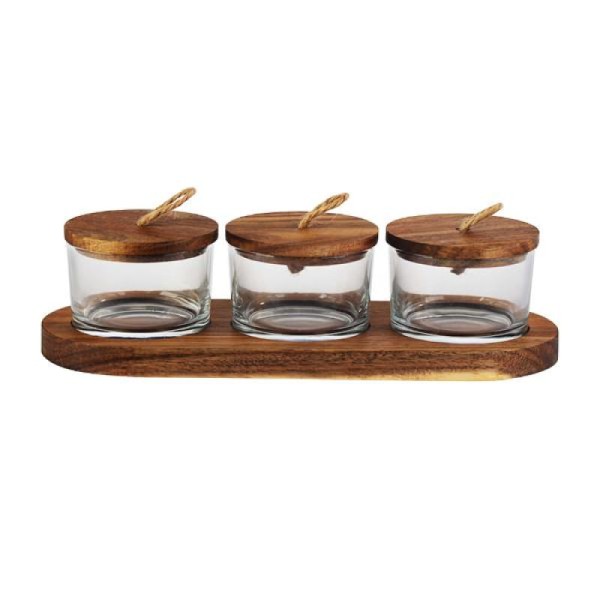 Encontraproduto.com.br - Jogo 3 Petisqueiras em Vidro com Tampa e Suporte em Madeira 120ml