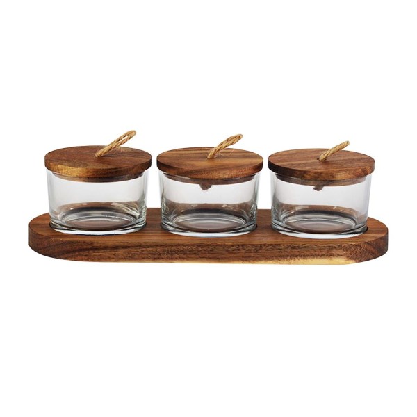 Encontraproduto.com.br - Jogo 3 Petisqueiras em Vidro com Tampa e Suporte em Madeira 120ml