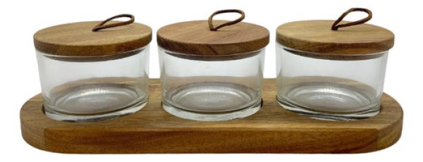 Encontraproduto.com.br - Jogo 3 Petisqueiras em Vidro com Tampa e Suporte em Madeira 120ml