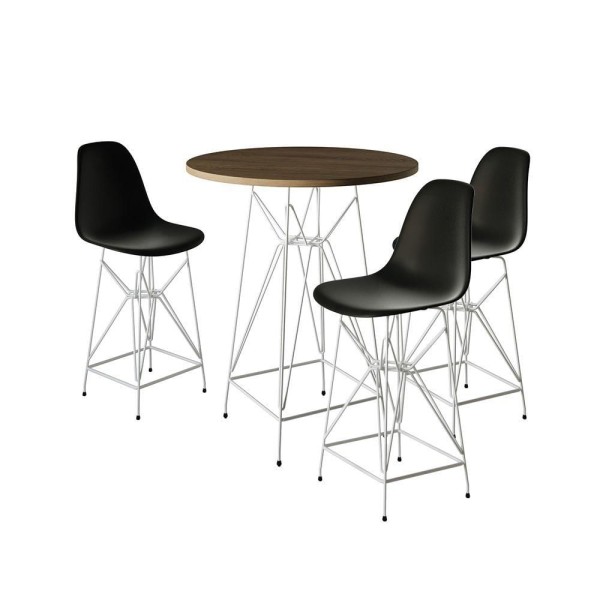 Encontraproduto.com.br - Jogo Mesa Bistrô Eames Tampo Amêndoa 60Cm 3 Banquetas Preta Base Ferro Branco - Cor: Amendoa
