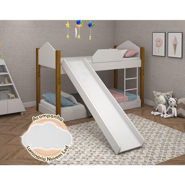 Bicama Infantil Com Escorregador Juvenil Luiza Branco E Amêndoa + Luminária Led - Cor: Branco