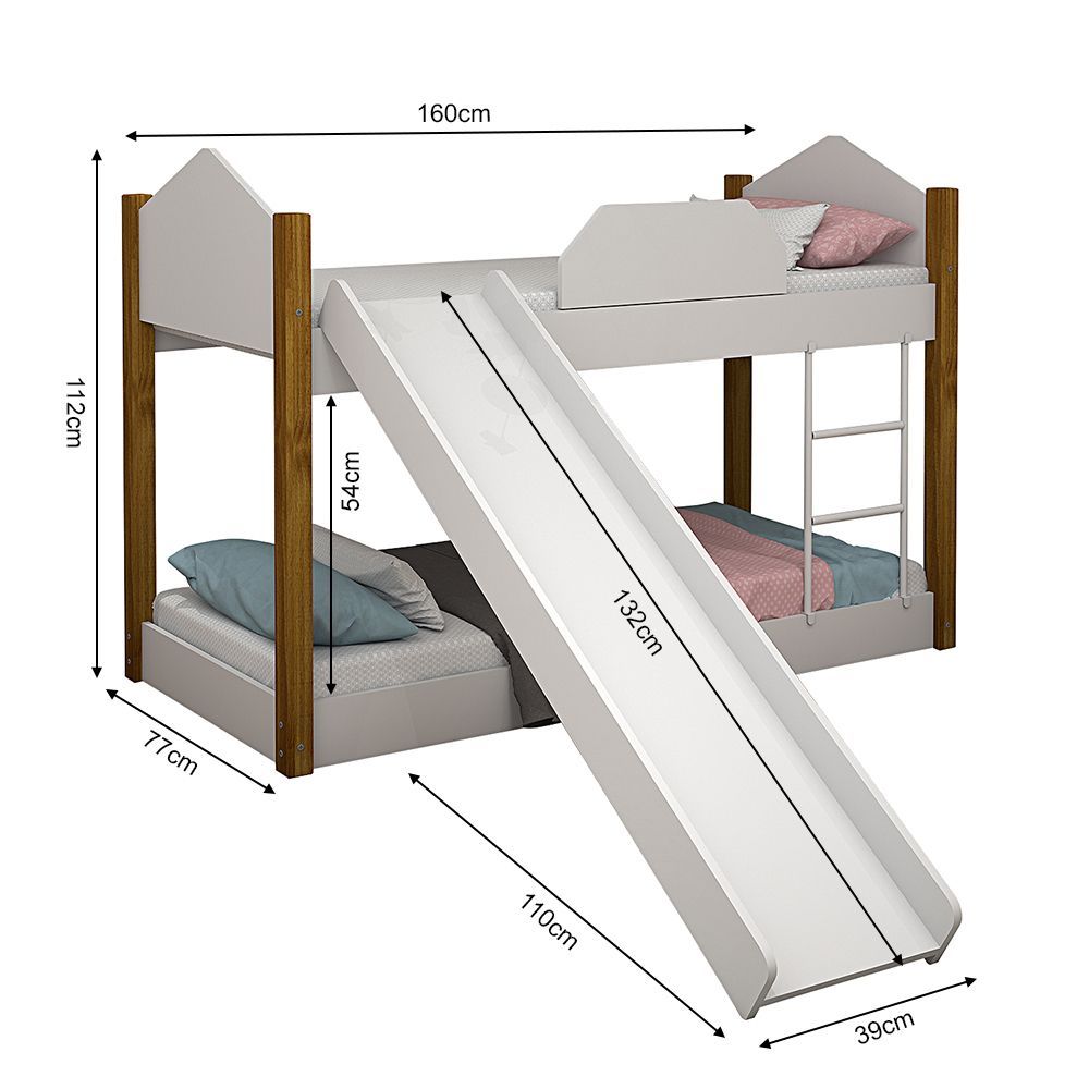 Encontraproduto.com.br - Bicama Infantil Com Escorregador Juvenil Luiza Branco E Amêndoa + Luminária Led - Cor: Branco