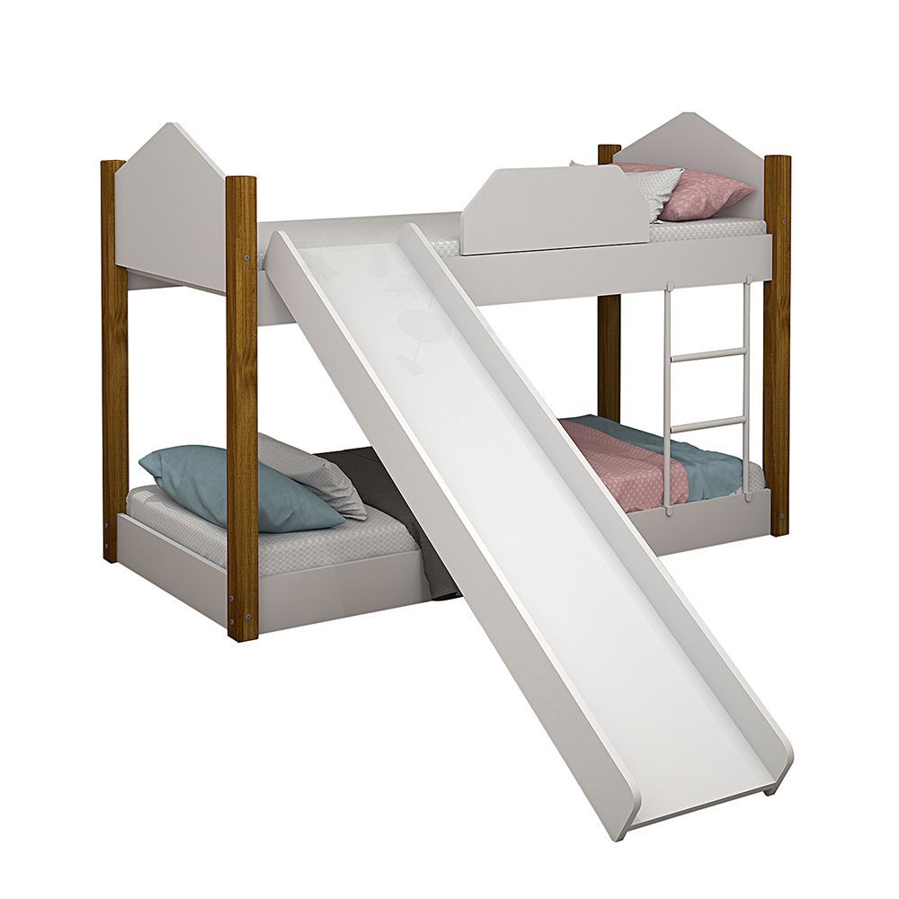 Encontraproduto.com.br - Bicama Infantil Com Escorregador Juvenil Luiza Branco E Amêndoa + Luminária Led - Cor: Branco