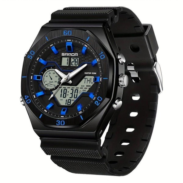 Encontraproduto.com.br - Relógio Esportivo Masculino Analógico Com Dupla Exibição Multifuncional Impermeavel Azul Prata