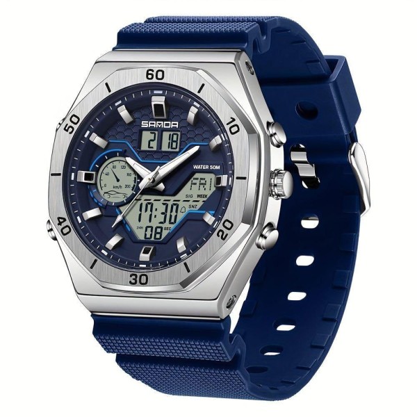 Encontraproduto.com.br - Relógio Esportivo Masculino Analógico Com Dupla Exibição Multifuncional Impermeavel Azul Prata