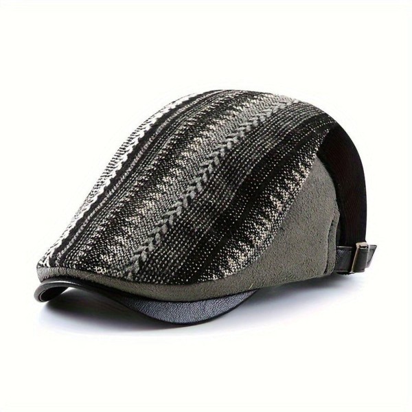 Encontraproduto.com.br - Boina Vintage Estilo Britânico Para Homens Mistura De Algodão Listrado Com Fivela Ajustável Preto