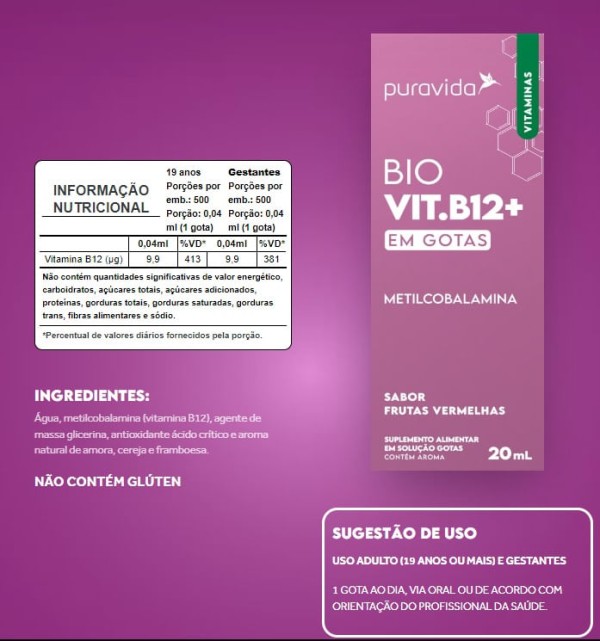 Encontraproduto.com.br - 2x Bio B12 - Metilcobalamina - 20ml - Pura Vida