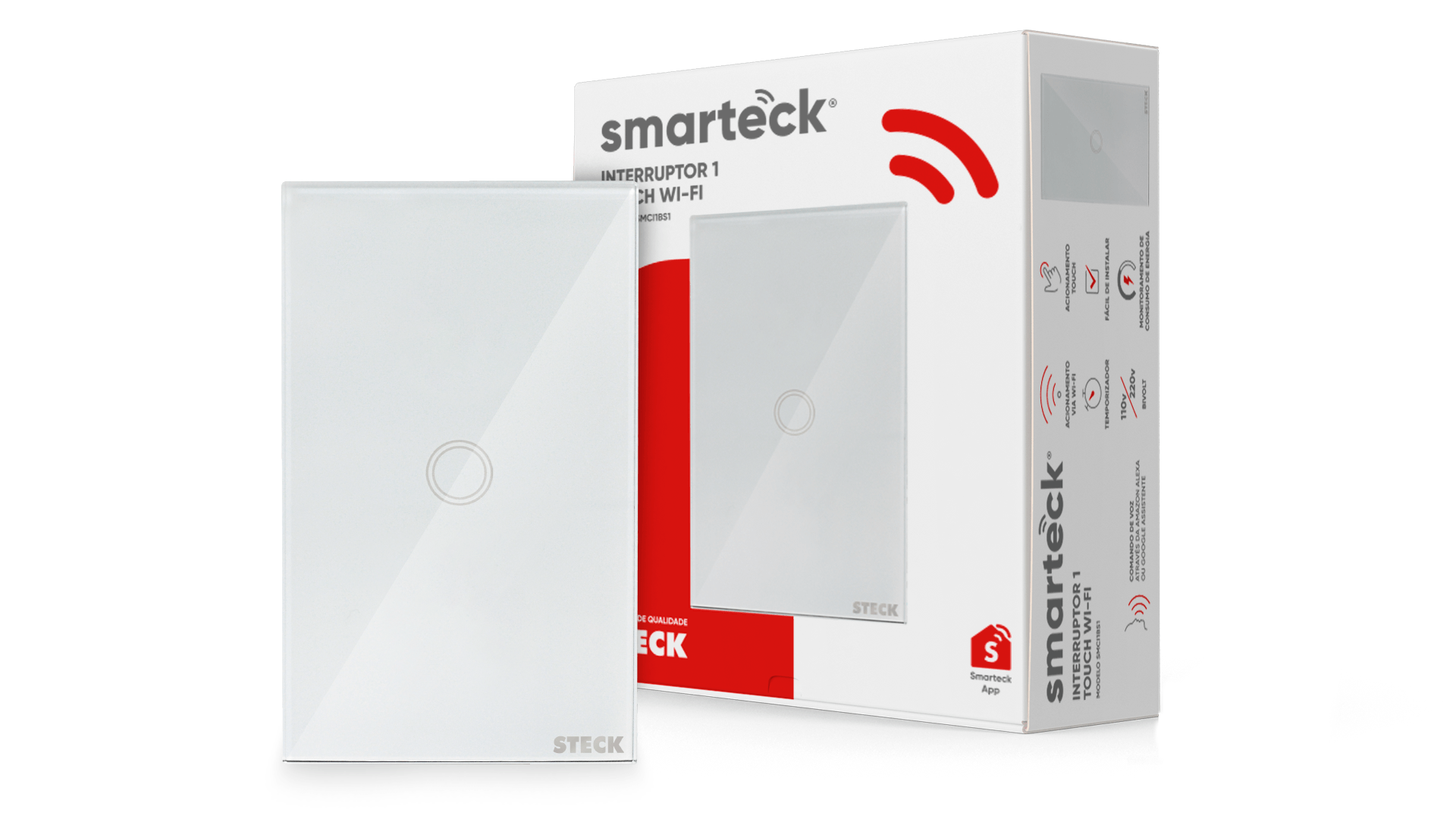 Encontraproduto.com.br - Interruptor Smarteck 4x2 1 Módulo Touch Branco
