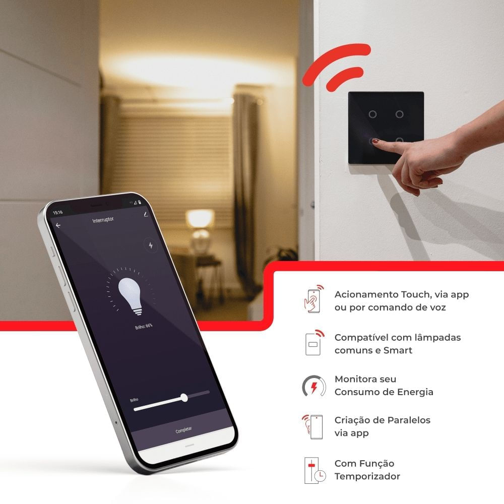 Encontraproduto.com.br - Interruptor Touch Wi-Fi Smarteck 4X2 3 Módulos Bivolt - Steck