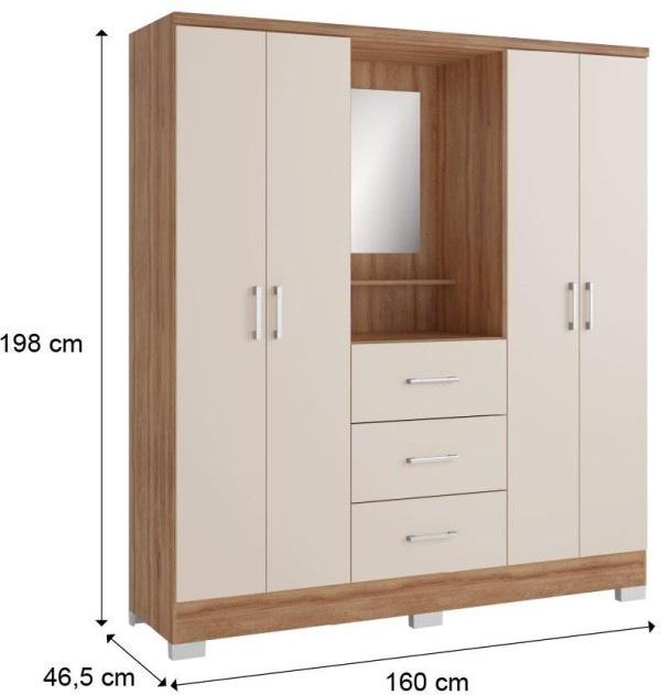 Guarda-Roupa / Roupeiro 4 Portas 3 Gavetas com Espelho Roma Carraro Freijó e Off White 160x198x46,5cm