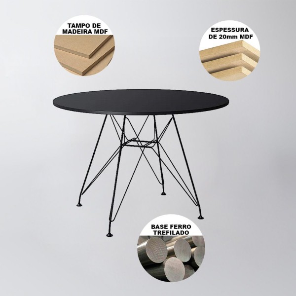 Encontraproduto.com.br - Conjunto Mesa Jantar Redonda Preta 90Cm Com 4 Cadeira Brancas Base Ferro Preto Cor: Preto