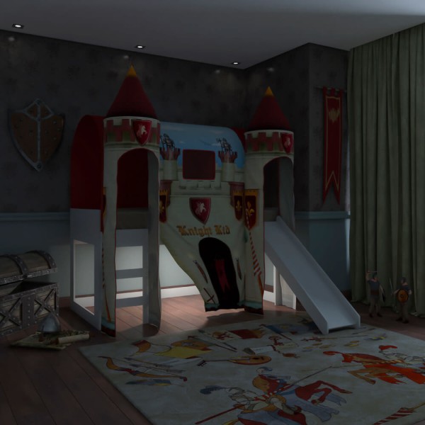 Encontraproduto.com.br - Cama Infantil Alta Joy com Escorregador/2 Dosséis Torre Castelo Forte e Led - Vermelho/Branco