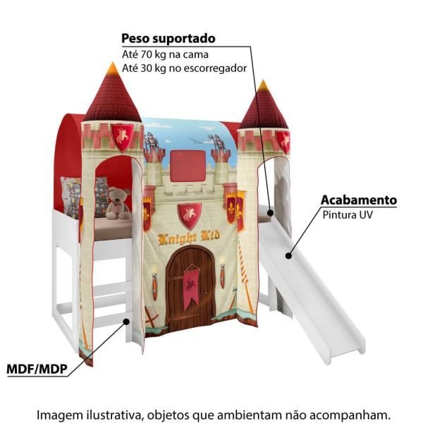 Encontraproduto.com.br - Cama Infantil Alta Joy com Escorregador/2 Dosséis Torre Castelo Forte e Led - Vermelho/Branco