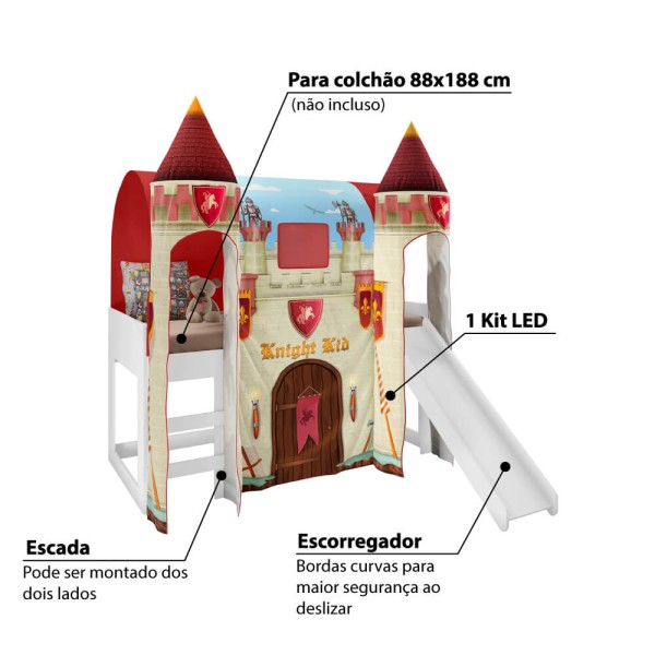 Encontraproduto.com.br - Cama Infantil Alta Joy com Escorregador/2 Dosséis Torre Castelo Forte e Led - Vermelho/Branco