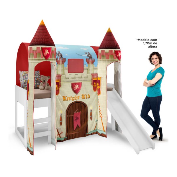 Encontraproduto.com.br - Cama Infantil Alta Joy com Escorregador/2 Dosséis Torre Castelo Forte e Led - Vermelho/Branco