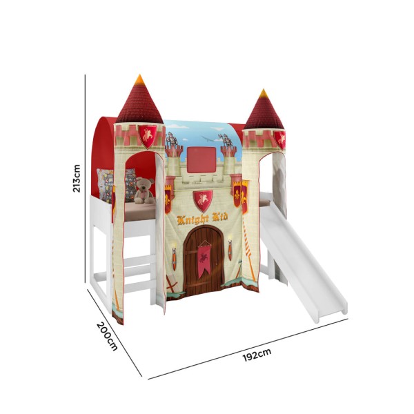 Encontraproduto.com.br - Cama Infantil Alta Joy com Escorregador/2 Dosséis Torre Castelo Forte e Led - Vermelho/Branco